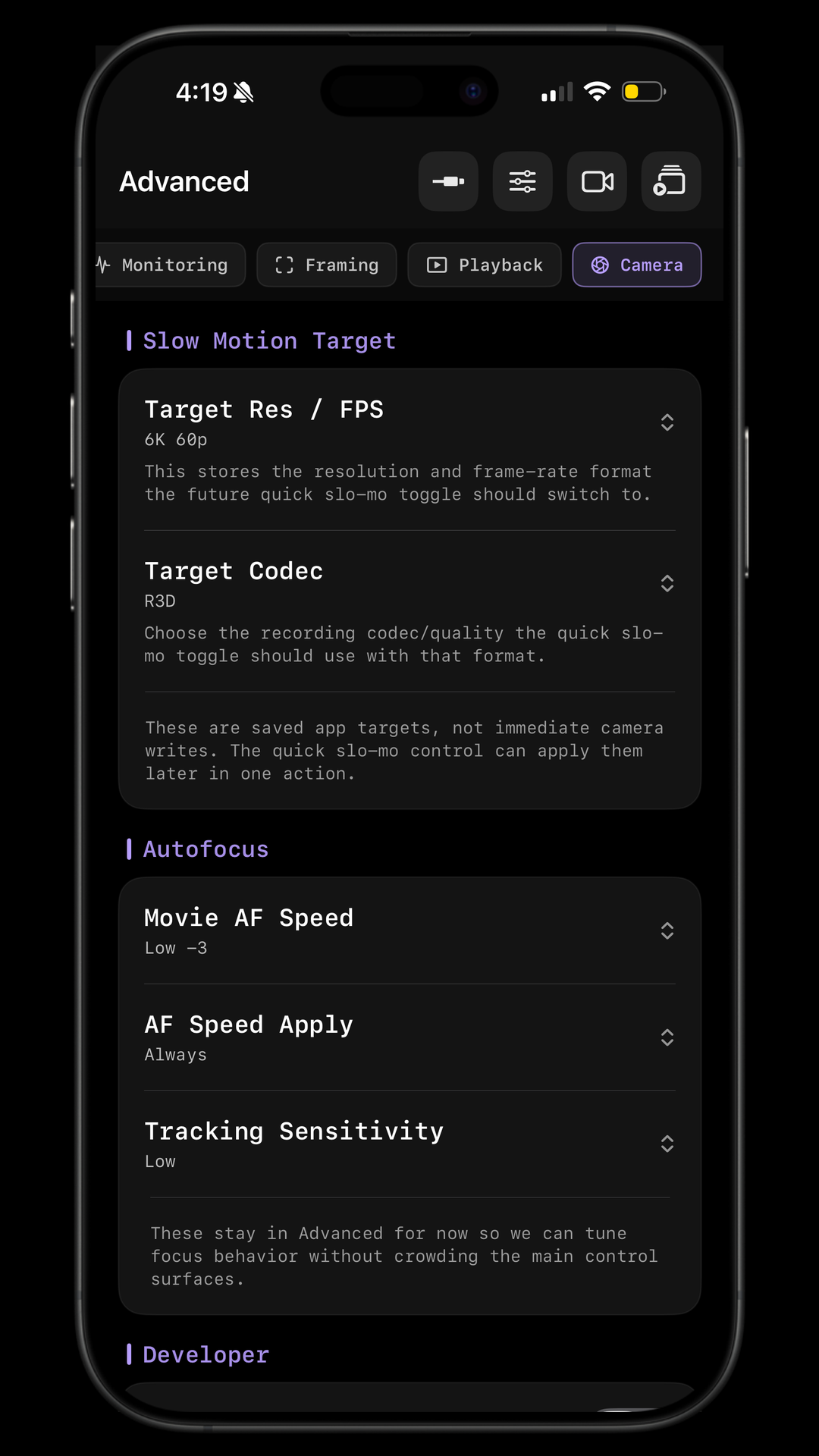 ZR Ctl advanced camera settings