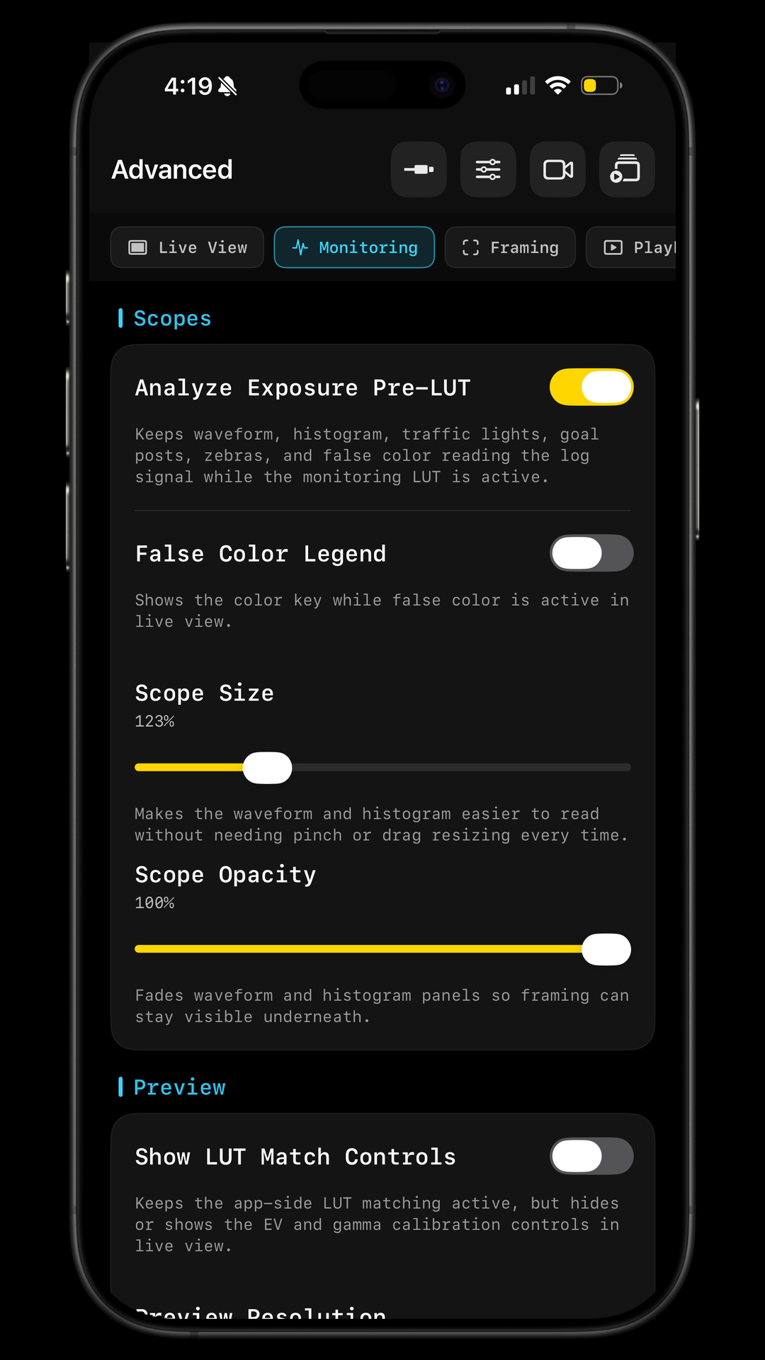 ZR Ctl advanced monitoring settings