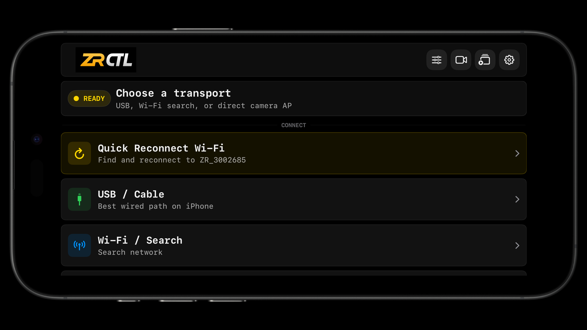 ZR Ctl connect page with transport selection in landscape
