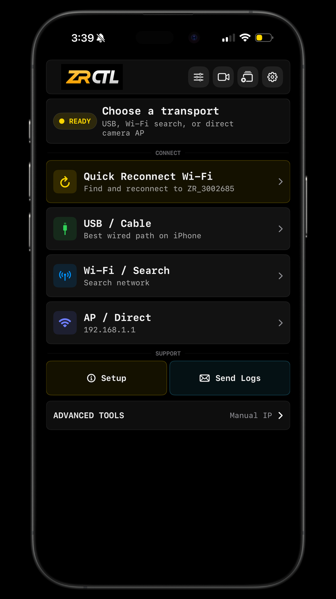ZR Ctl connect page in portrait