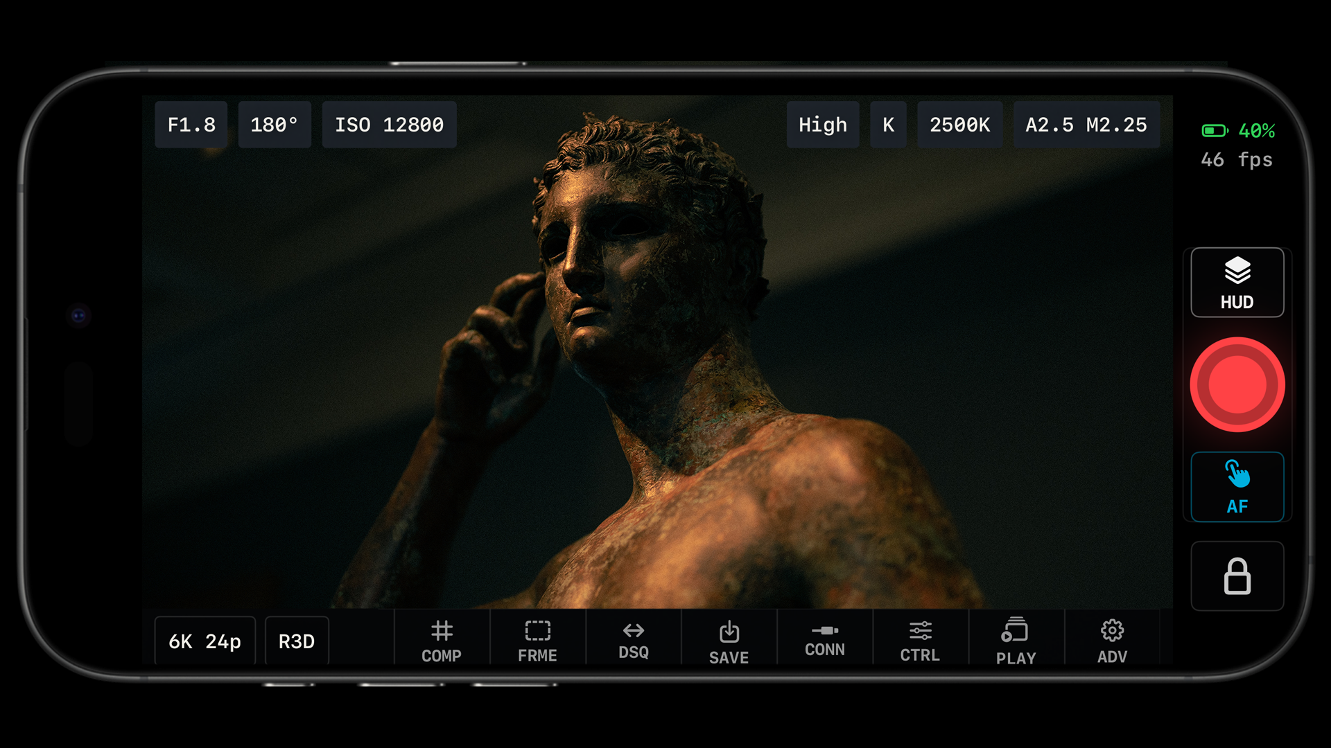 ZR Ctl live view monitoring a cinematic statue shot in R3D NE