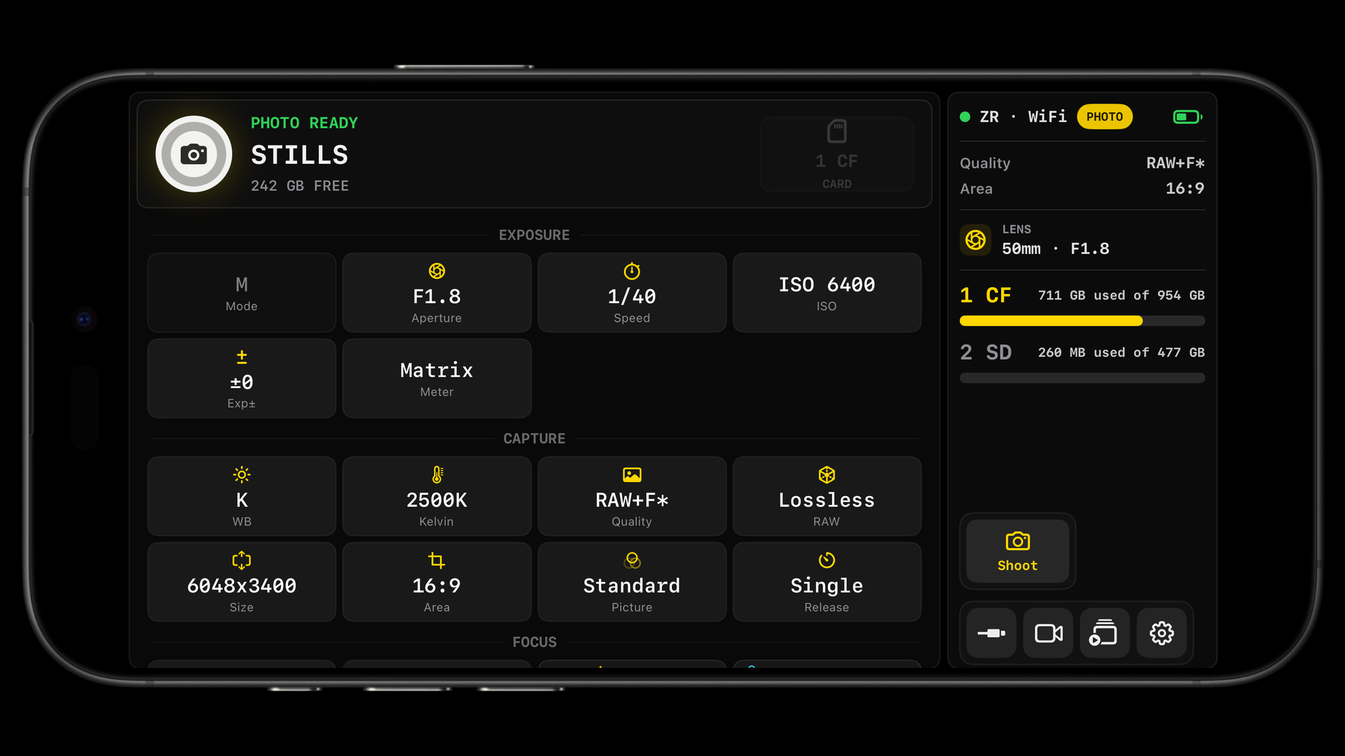 ZR Ctl photo controls page with status and exposure