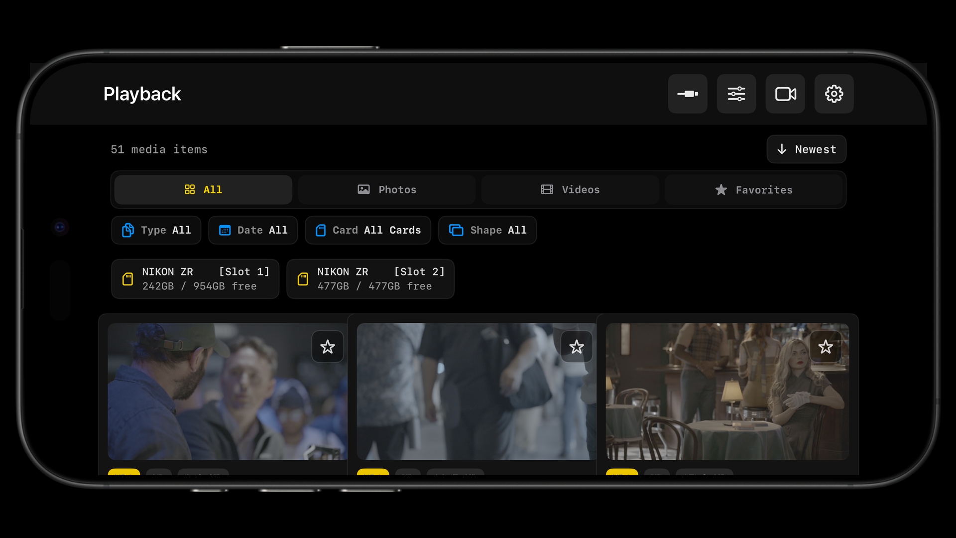 ZR Ctl playback gallery overview with camera card thumbnails